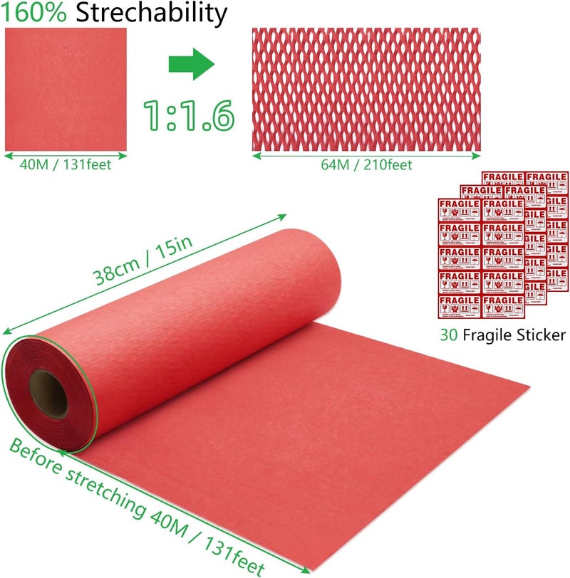 Pine nuts Honeycomb Packing Paper 15" x 131' Eco Friendly Packing Paper for Moving Recyclable Honeycomb Paper Bubble Paper Wrapping with 30 Fragile Sticker Labels and 66fthemp rope (Red) - Image 2